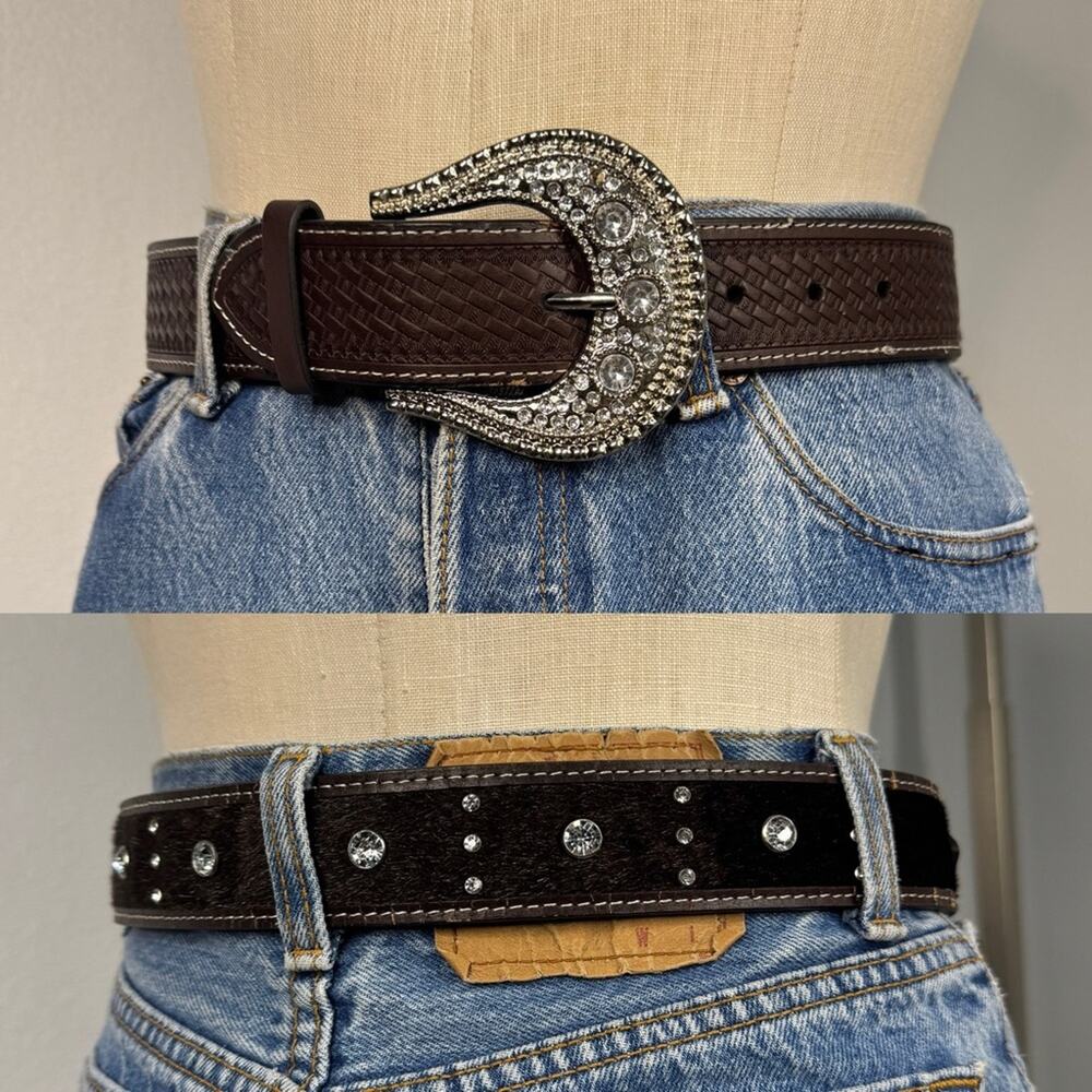 Western Belt Rhinestone Bling Brown Leather Rodeo Buckle Cowgirl Small